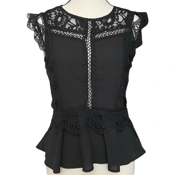 Haute Monde Black Flare Fit Lace Crochet Embroidered Peplum Blouse - Picture 1 of 11